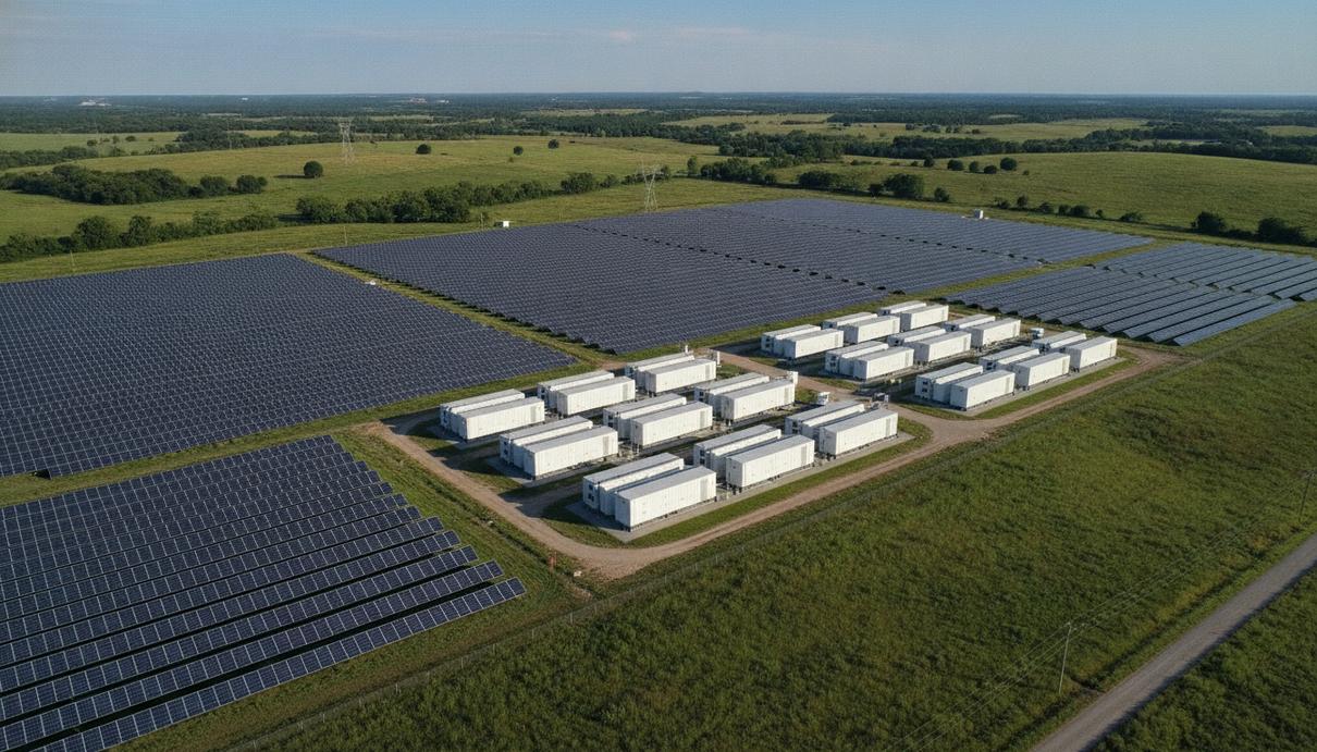 Cypress Creek Energy привлекла $3,5 млрд на проект СЭС и СНЭ в США Солнечная электростанция с рядами фотоэлектрических панелей и контейнерами системы накопления энергии в поле.