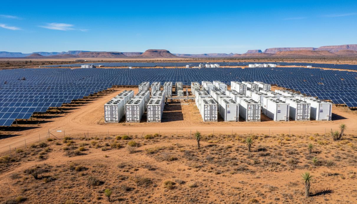 TotalEnergies и партнеры запустили гибридную электростанцию в ЮАР Солнечная электростанция с рядами синих панелей и белыми контейнерами промышленных аккумуляторов в засушливой местности.