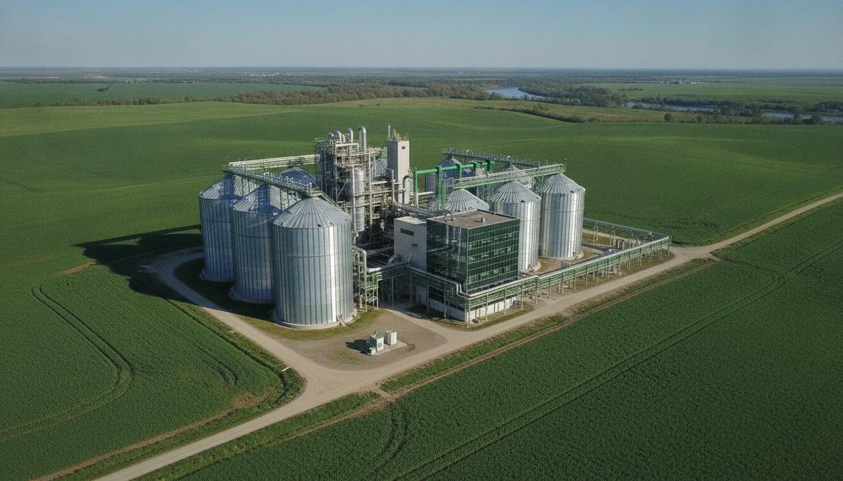 Канадская Convertus Group привлекла 96 млн долларов на биогазовый проект Крупный биогазовый завод с промышленными резервуарами, трубами и производственными зданиями в сельской местности.