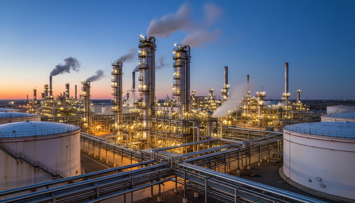 Essar Group вложит £4,3 млрд в низкоуглеродные проекты на британском НПЗ Нефтеперерабатывающий завод с металлическими трубами, высокими колоннами и резервуарами на фоне вечернего неба.