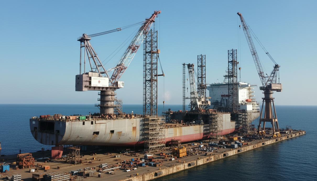 Cadeler за 805 млн евро заказала два судна для работы на морских ветропарках Большое судно с высокими кранами, которое строит морские ветрогенераторы, стоит у причала на верфи.