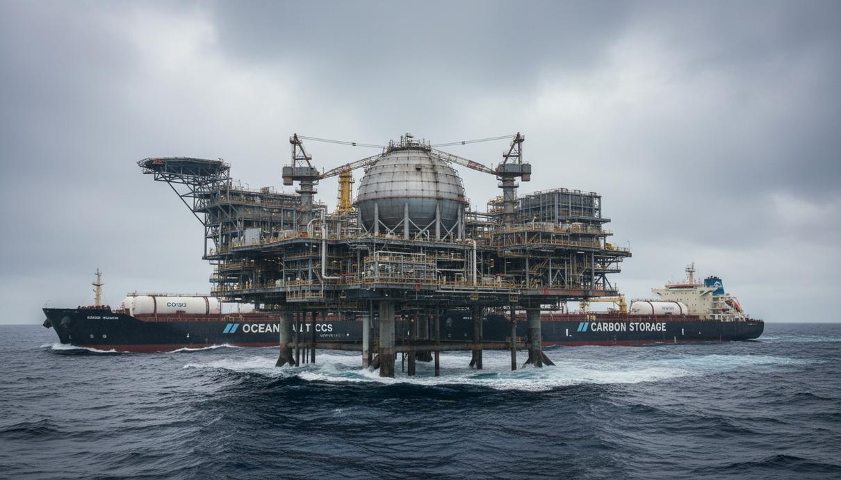 Плавучая морская платформа для закачки углекислого газа и промышленные суда в открытом море под облачным небом.