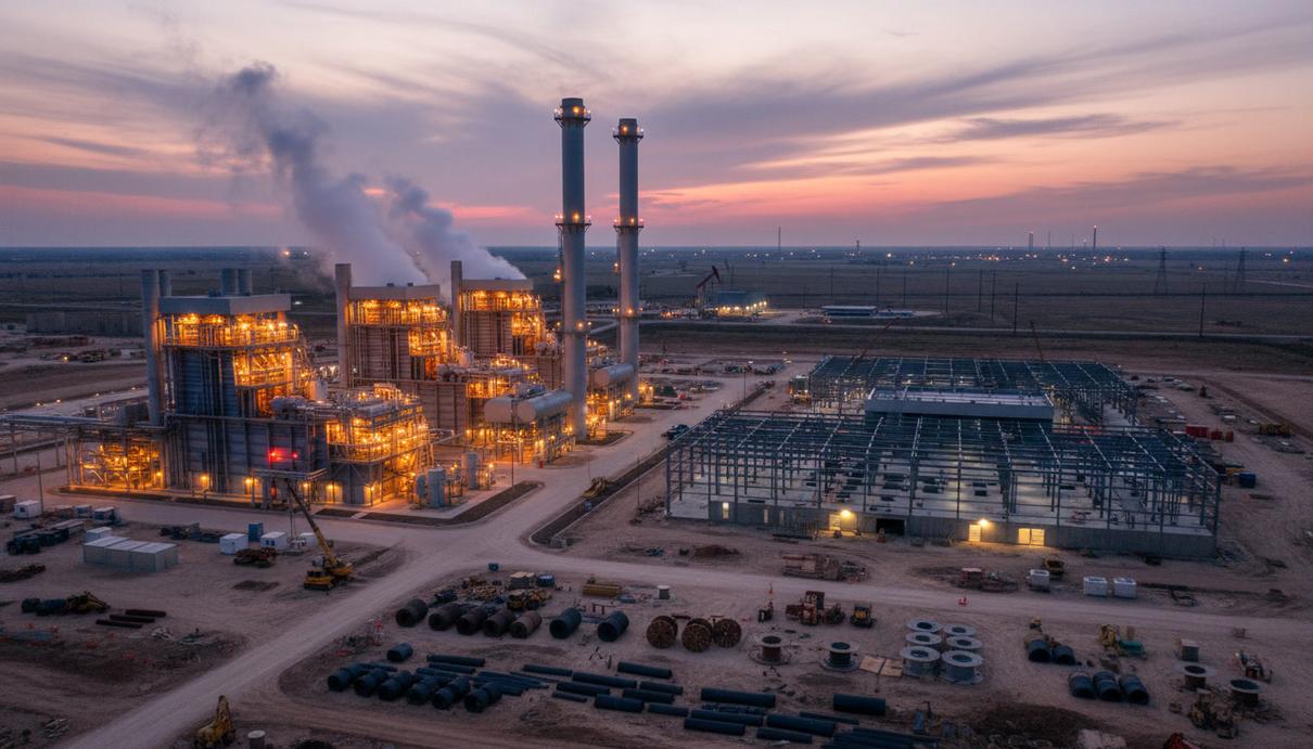 Газовая электростанция с высокими трубами по соседству со строящимся зданием современного дата-центра на фоне равнины.