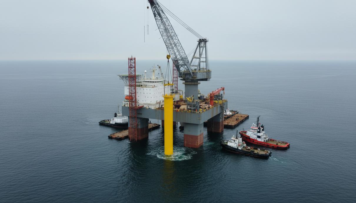 Морское крановое судно устанавливает стальное основание для ветрогенератора в море рядом со вспомогательными судами.