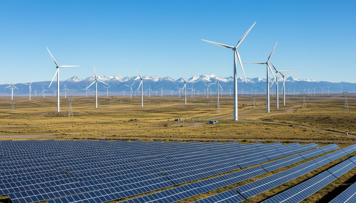 Novva Group купит у ABO Energy энергопроекты в Аргентине на 3,17 ГВт Ветряные турбины и ряды солнечных панелей на просторном равнинном ландшафте под ясным синим небом.