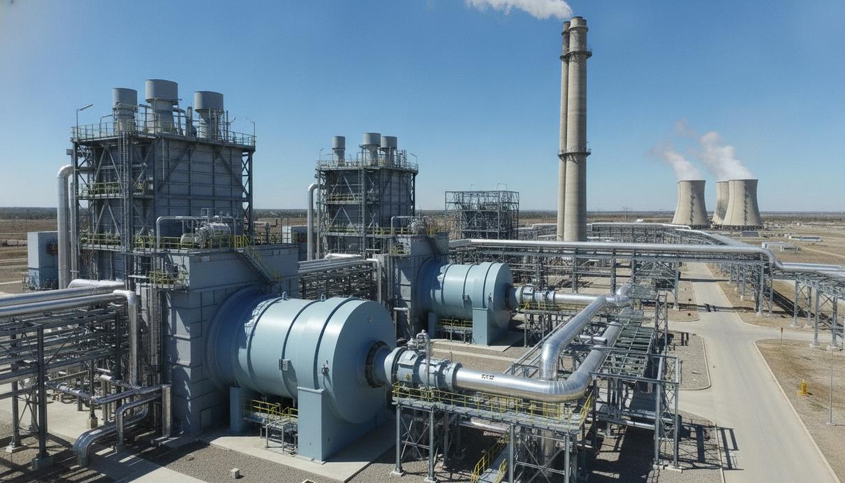 Промышленная газовая электростанция с крупными турбинами, высокими металлическими трубами и стальной инфраструктурой