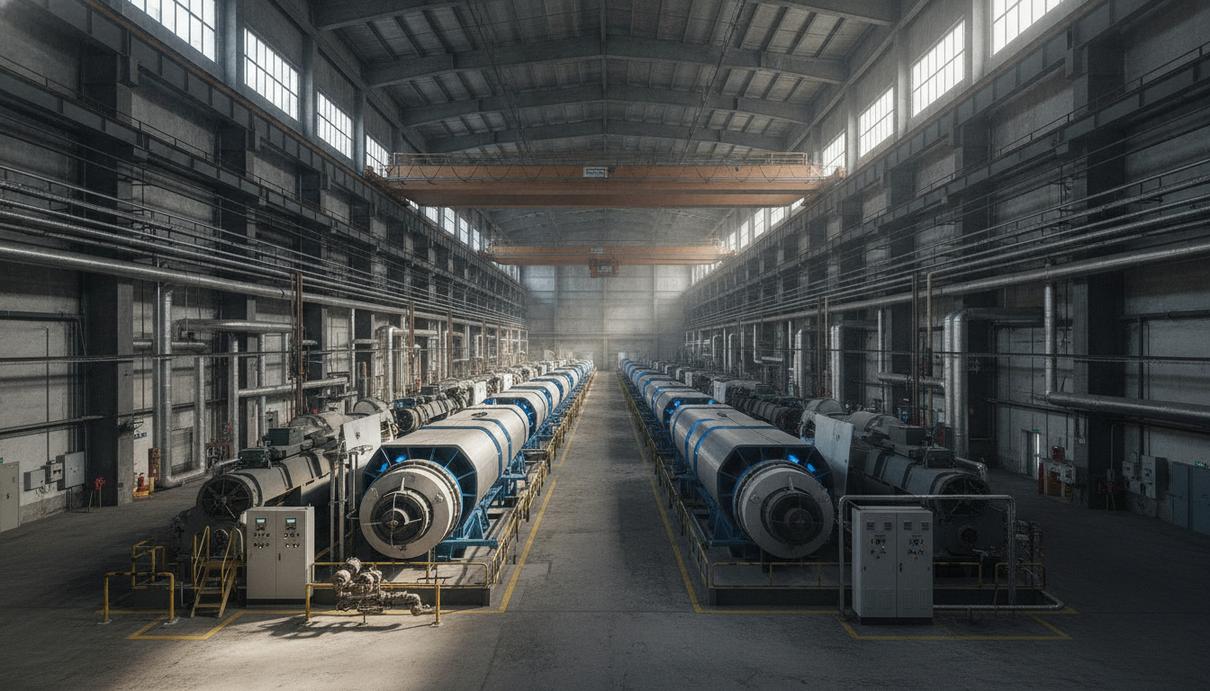 AEP купит у Mainspring Energy генераторы мощностью до 1,6 ГВт Индустриальное помещение с рядами массивных линейных генераторов, металлическими трубами и стальными конструкциями.